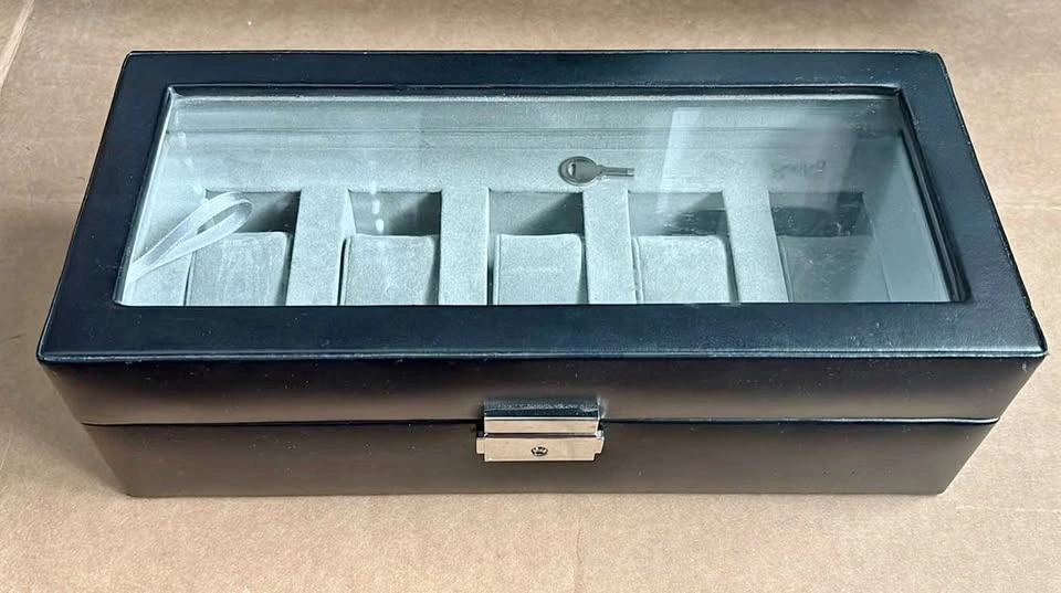 5-Slot Black Leather Watch Box with Glass Top