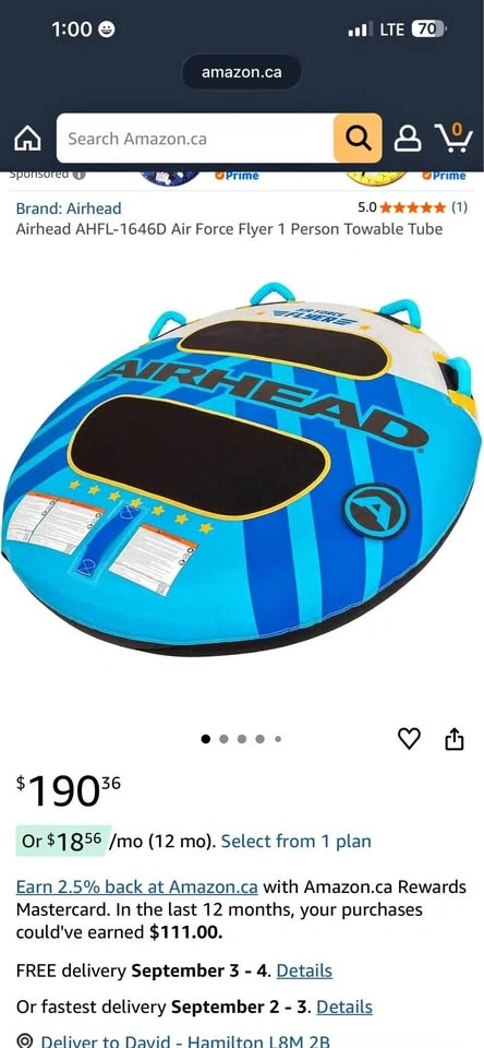 Airhead AHFL-1646D Air Force Flyer 1 Person Towable Tube