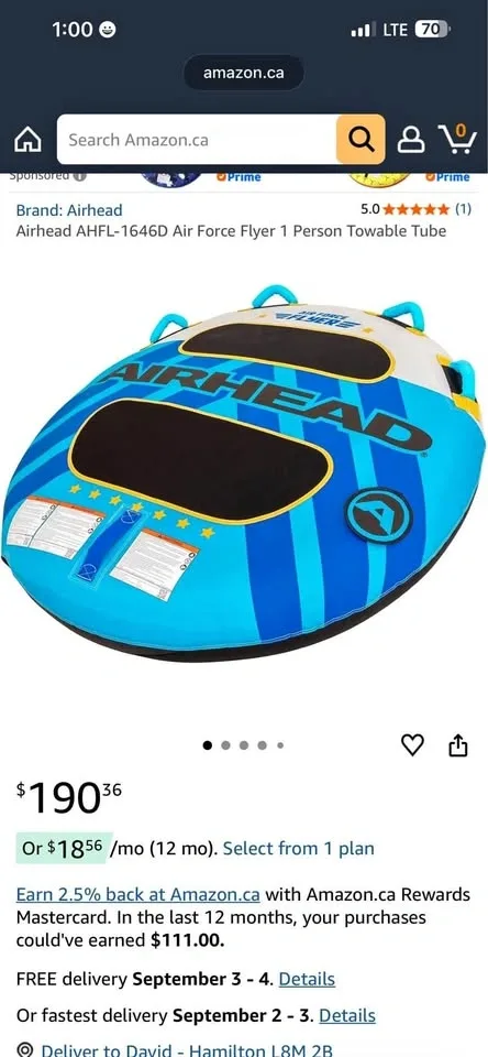 Airhead AHFL-1646D Air Force Flyer 1 Person Towable Tube