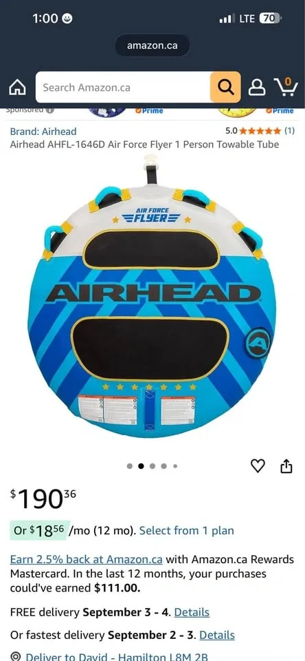 Airhead AHFL-1646D Air Force Flyer 1 Person Towable Tube - photo 2
