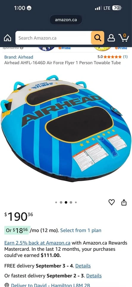 Airhead AHFL-1646D Air Force Flyer 1 Person Towable Tube - photo 4