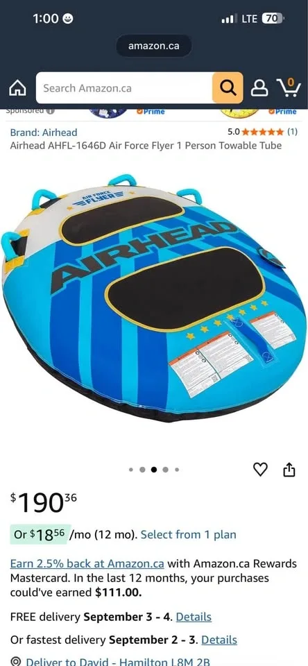 Airhead AHFL-1646D Air Force Flyer 1 Person Towable Tube - photo 4