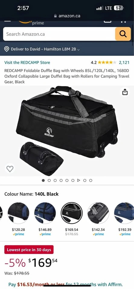 140L Oversized Rolling Duffle Bag