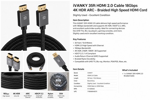 35ft iVANKY 18Gbps High Speed HDMI 2.0 Cable, 4K HDR