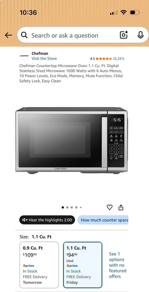 Countertop Microwave Oven 1.1 Cu. Ft. 1000W Stainless Steel - photo 3