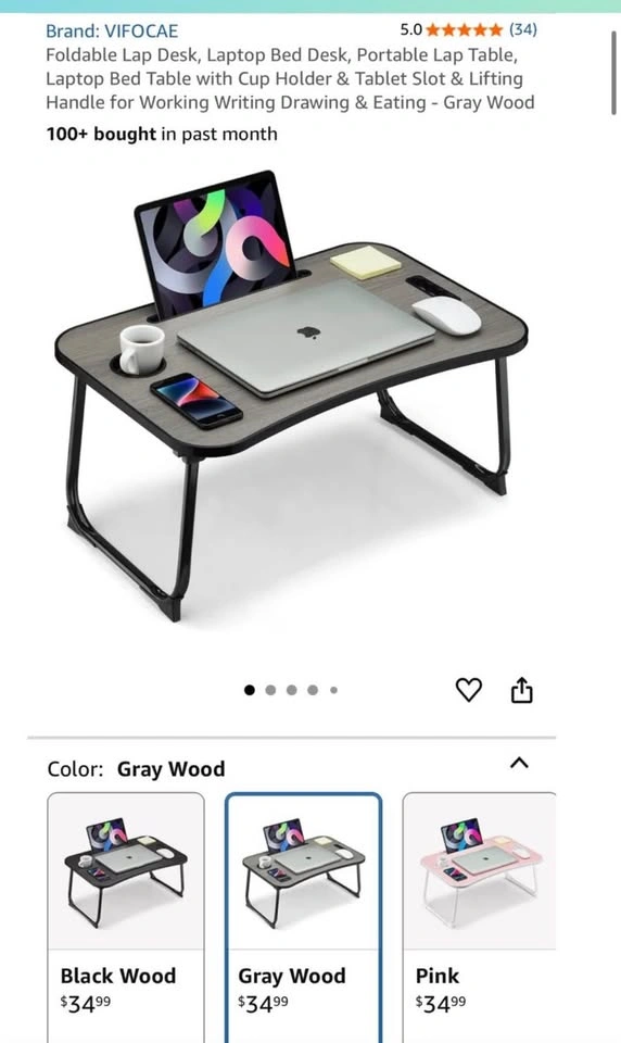 Foldable Lap Desk with Cup Holder and Tablet Slot - Gray Wood - photo 5