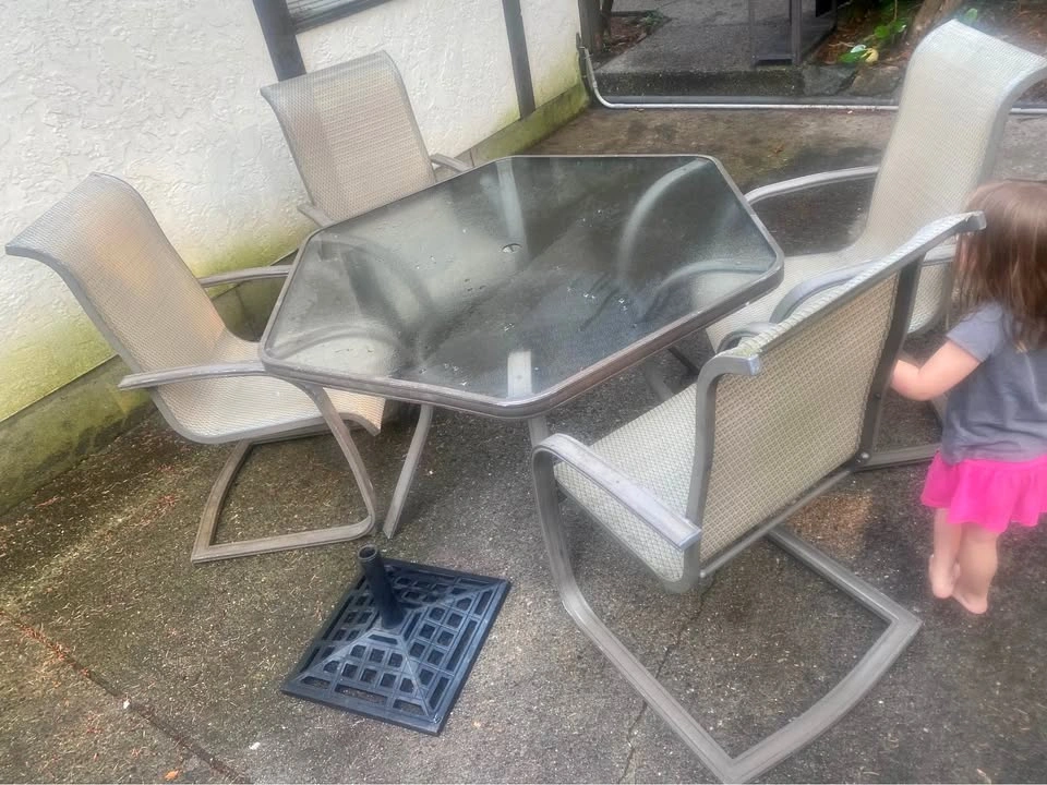 4-Piece Patio Dining Set – Glass Table, 4 Chairs & Umbrella Base