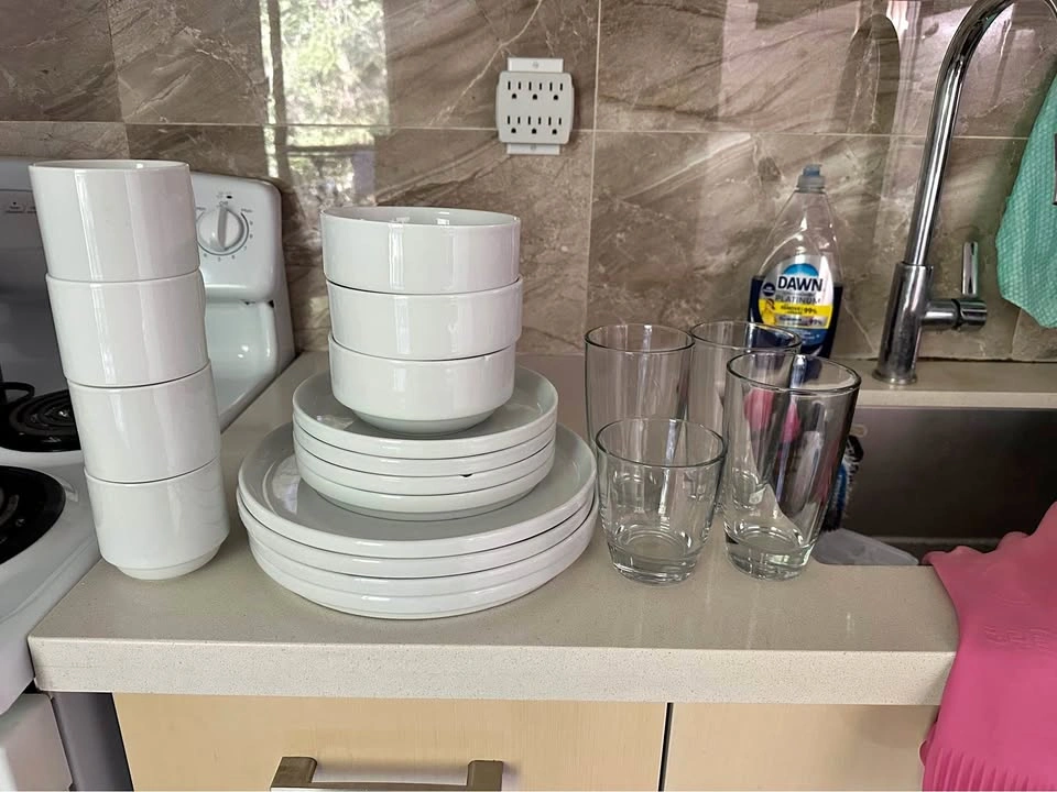 White Ceramic Dinnerware and Glassware Set