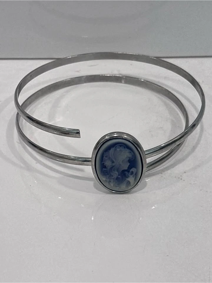 Vintage Blue & White Cameo Silver-Tone Open Cuff Bracelet