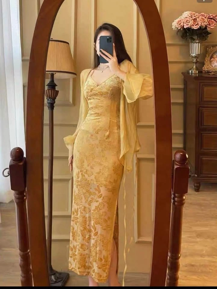 Xs Beige Gold Floral Slip Dress - photo 4