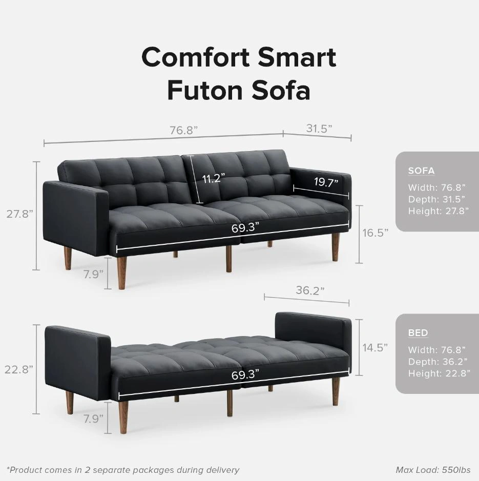 mopio Futon Sofa Bed – Black Faux Leather - photo 3