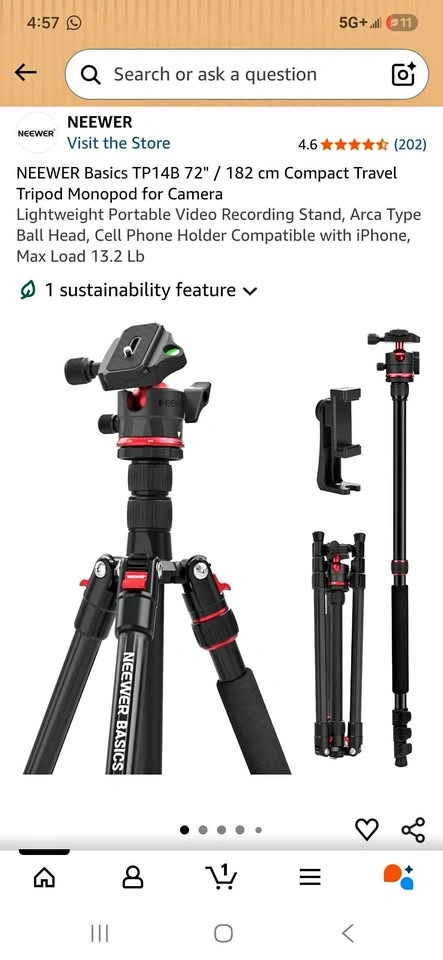 NEEWER Basics TP14B 72" Compact Travel Tripod Monopod