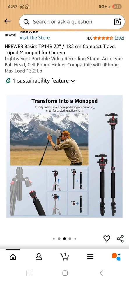 NEEWER Basics TP14B 72" Compact Travel Tripod Monopod - photo 2