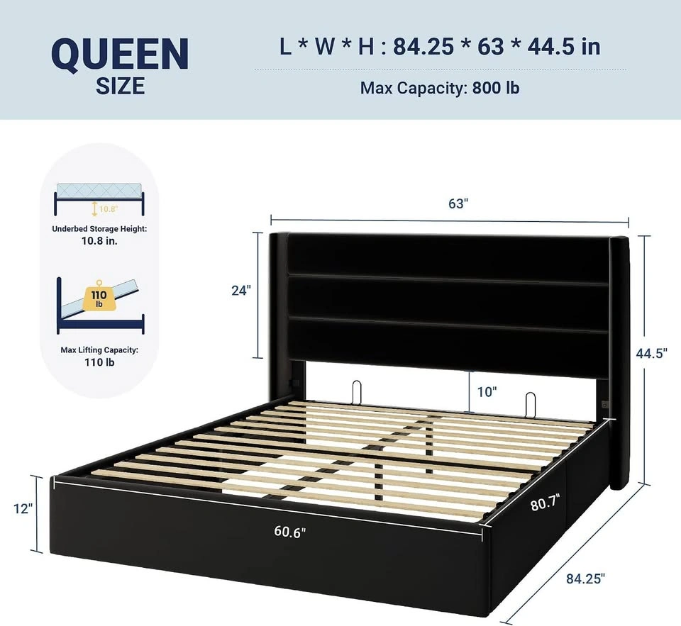 Allewie Queen Bed Frame – Hydraulic Lift-Up Storage, Black - photo 2