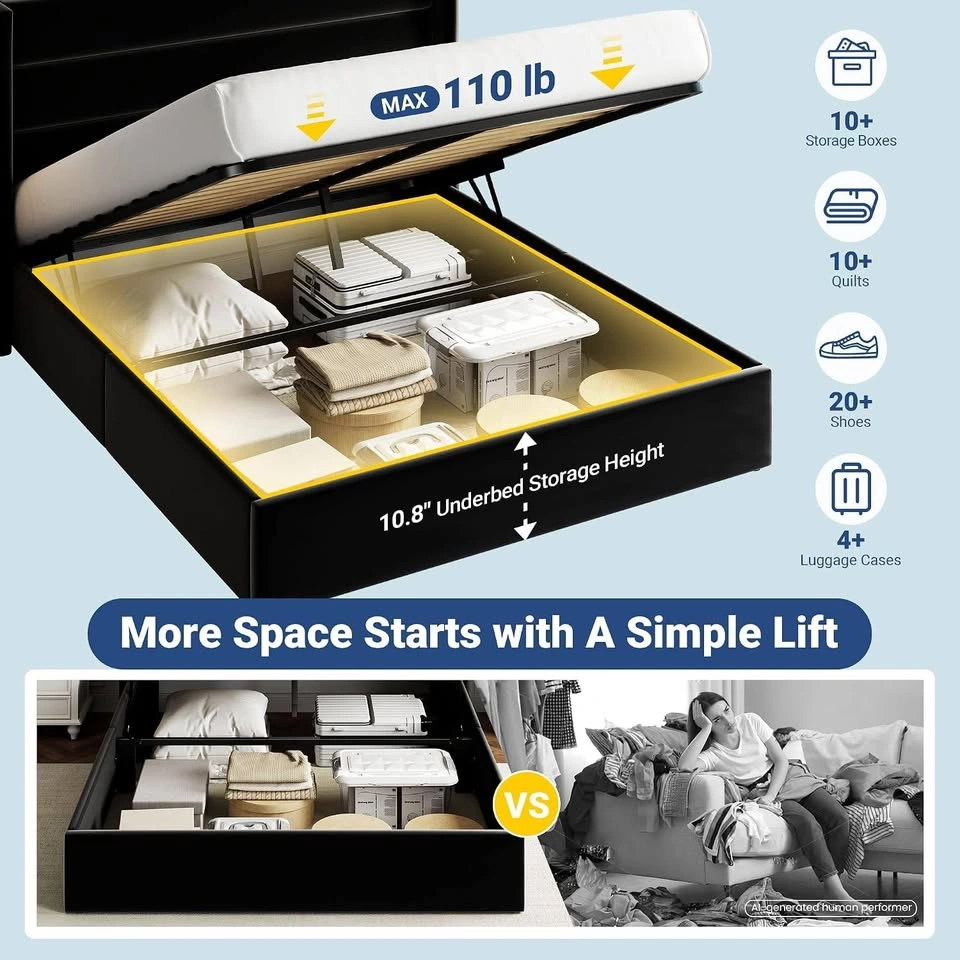 Allewie Queen Bed Frame – Hydraulic Lift-Up Storage, Black - photo 5