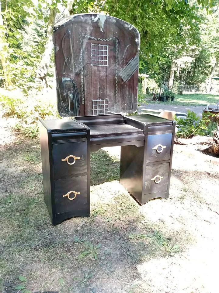 Antique mirrored vanity desk with tree painting