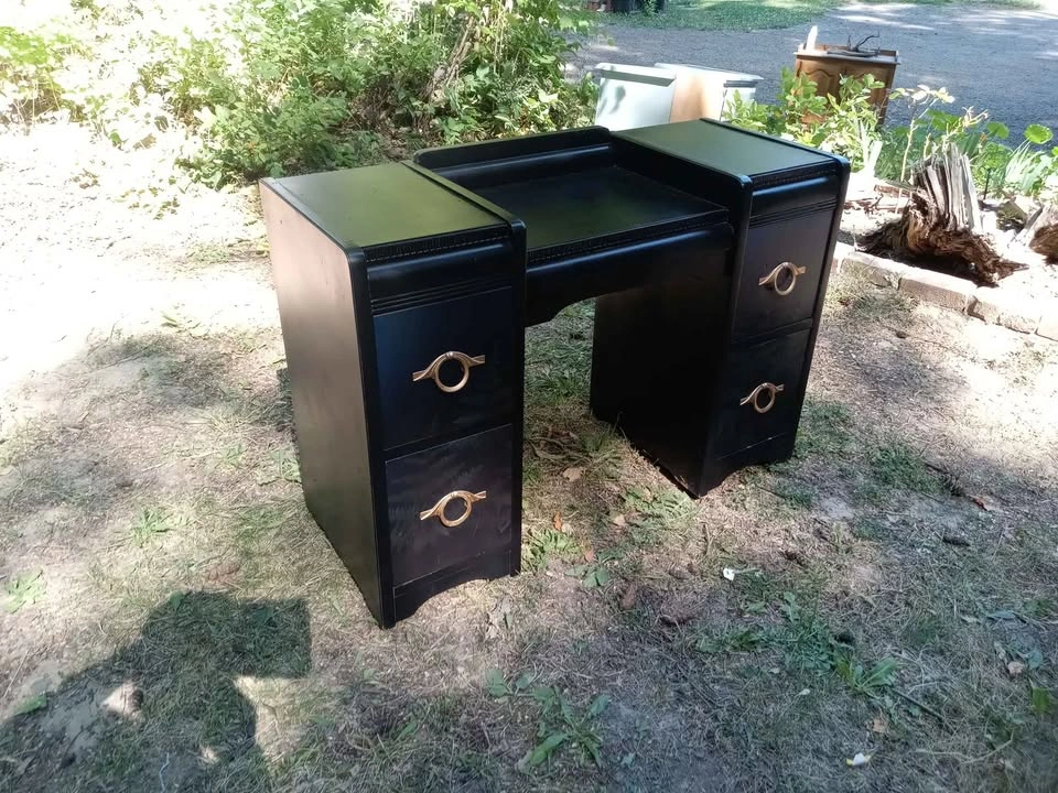 Antique mirrored vanity desk with tree painting - photo 3