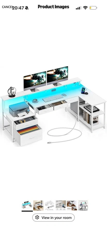 White L-Shaped Gaming Desk with Monitor Stand and Drawers
