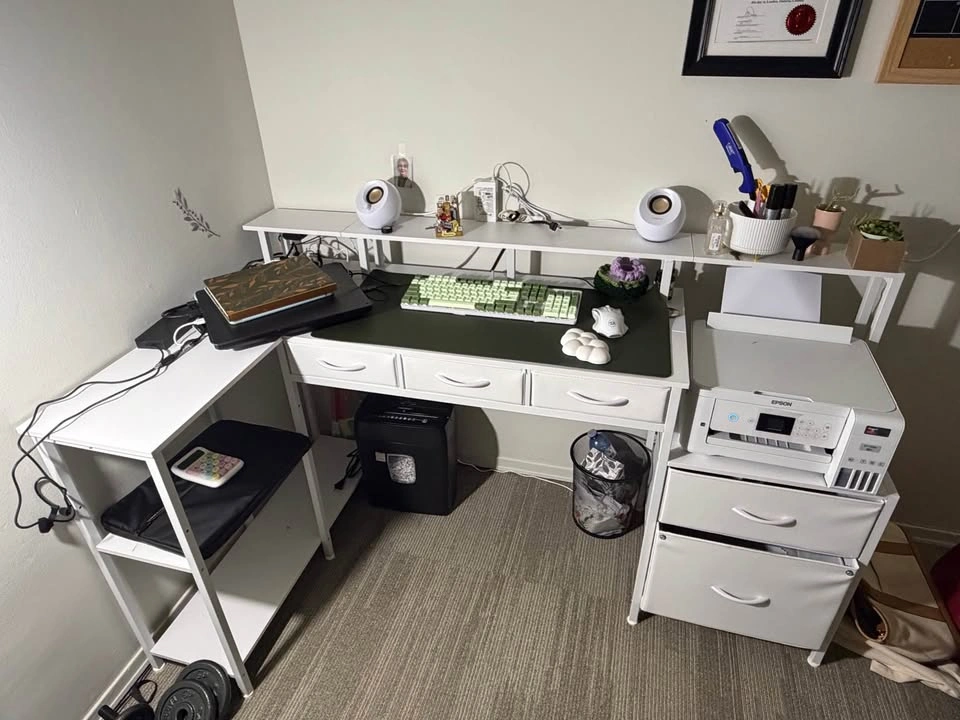 White L-Shaped Gaming Desk with Monitor Stand and Drawers - photo 2