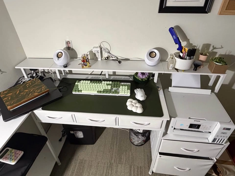 White L-Shaped Gaming Desk with Monitor Stand and Drawers - photo 3