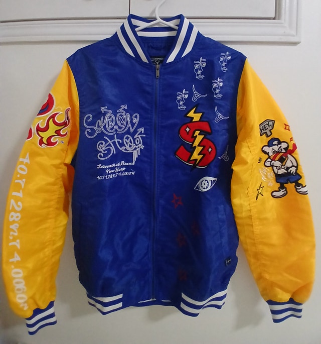 Graphic Varsity Bomber Jacket (Blue-Yellow/Polyster/Medium)