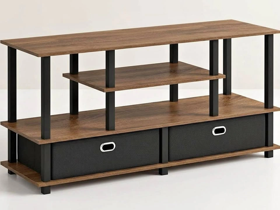 Modern TV Stand with Fabric Storage Bins
