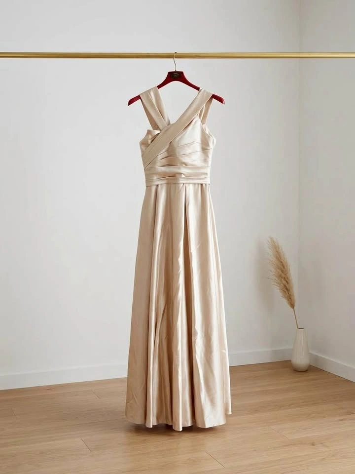 Long V-Neck Off The Shoulder A-Line Floor-Length Satin Dress
