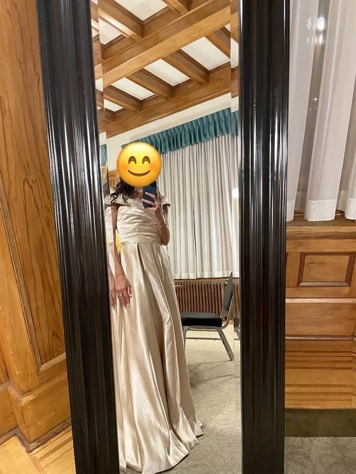 Long V-Neck Off The Shoulder A-Line Floor-Length Satin Dress - photo 2