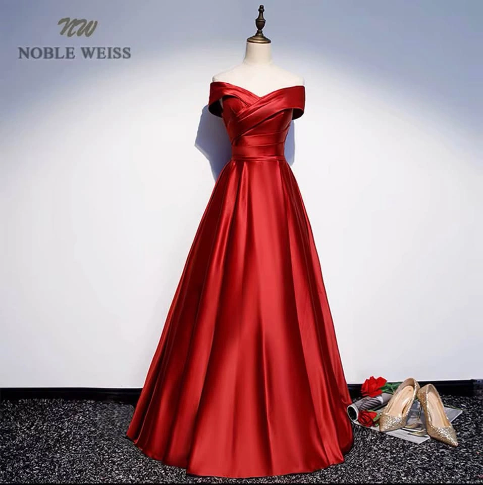 Long V-Neck Off The Shoulder A-Line Floor-Length Satin Dress - photo 4