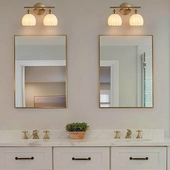 Modern Brass 2-Light Vanity Wall Sconce with Scalloped Glass Sha