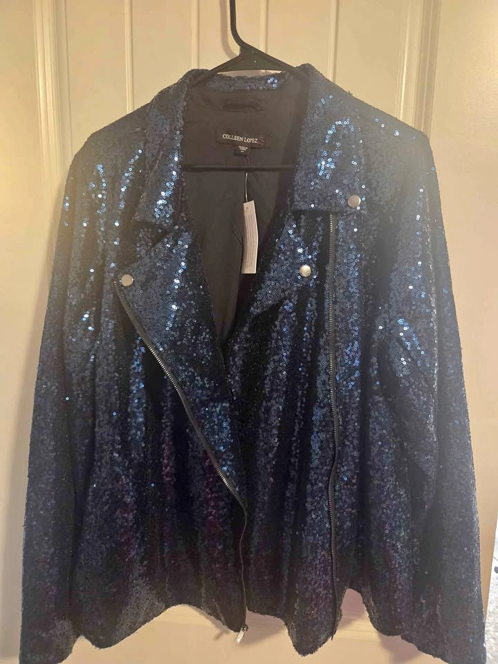 Blue sequence evening zip up Jacket from Colleen Lopez