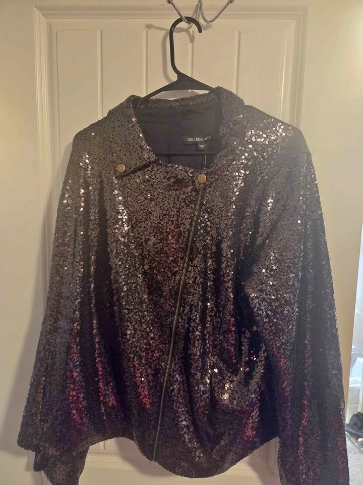 Black sequence evening zip up jacket from Colleen Lopez