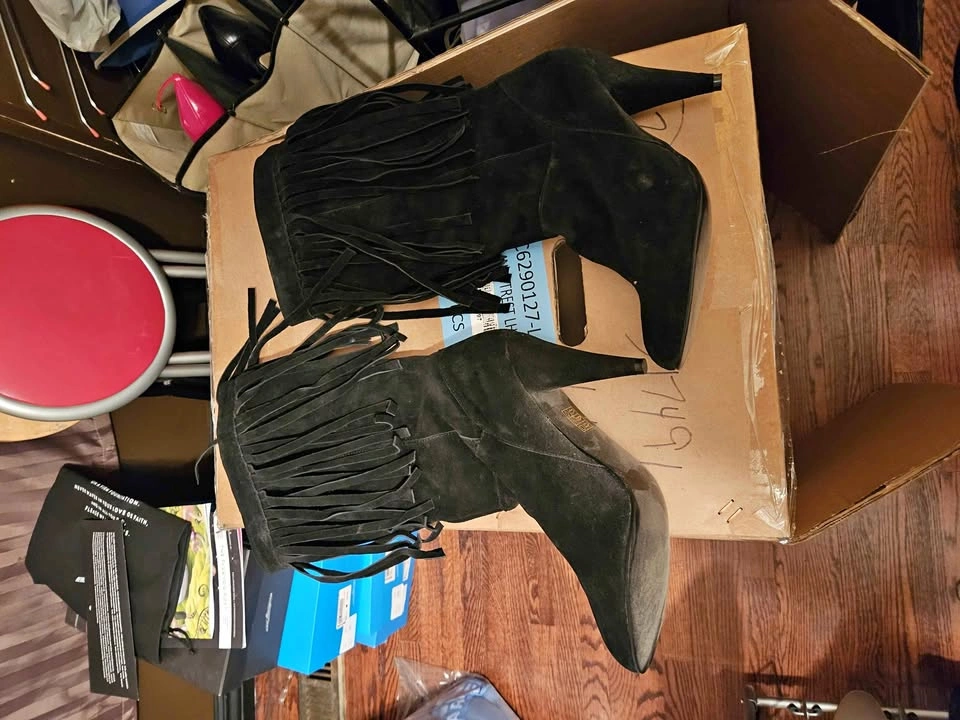 Women's Black Suede Fringe Stiletto Ankle Boots Size 10