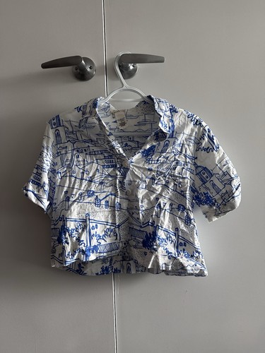 Atelier Blue Scenic Linen Blend Crop Shirt S