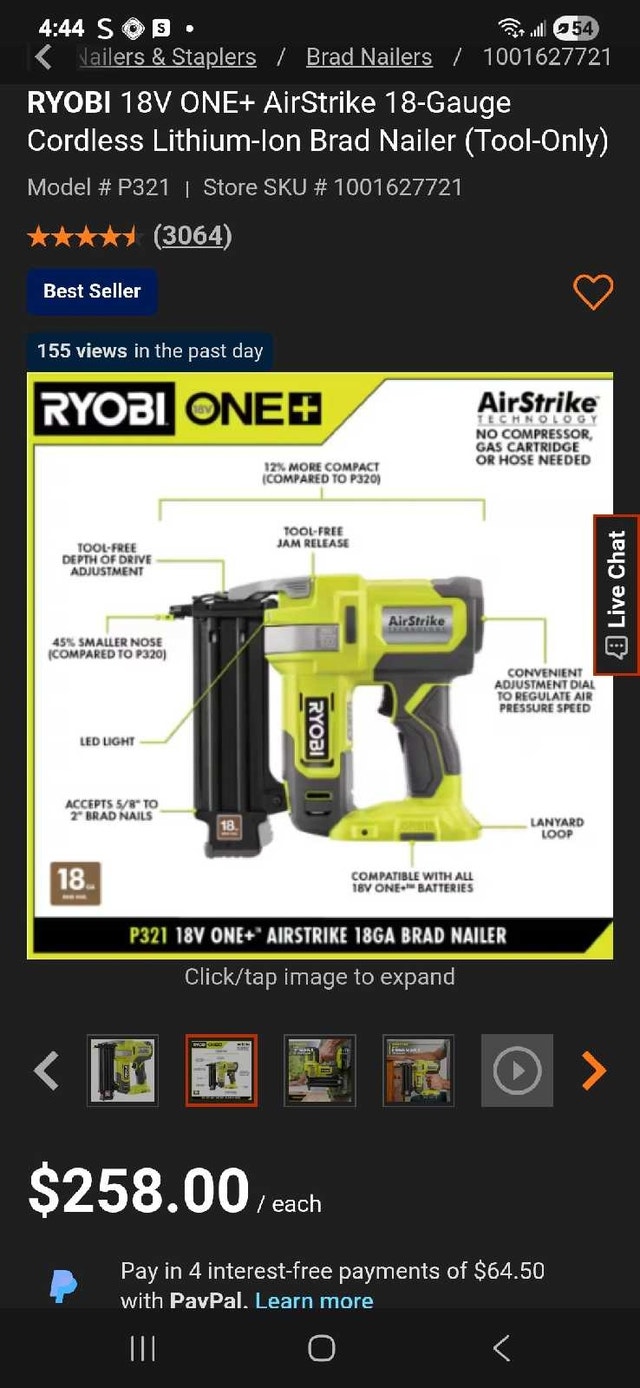 Ryobi 18V ONE+ AirStrike 18-Gauge Brad Nailer