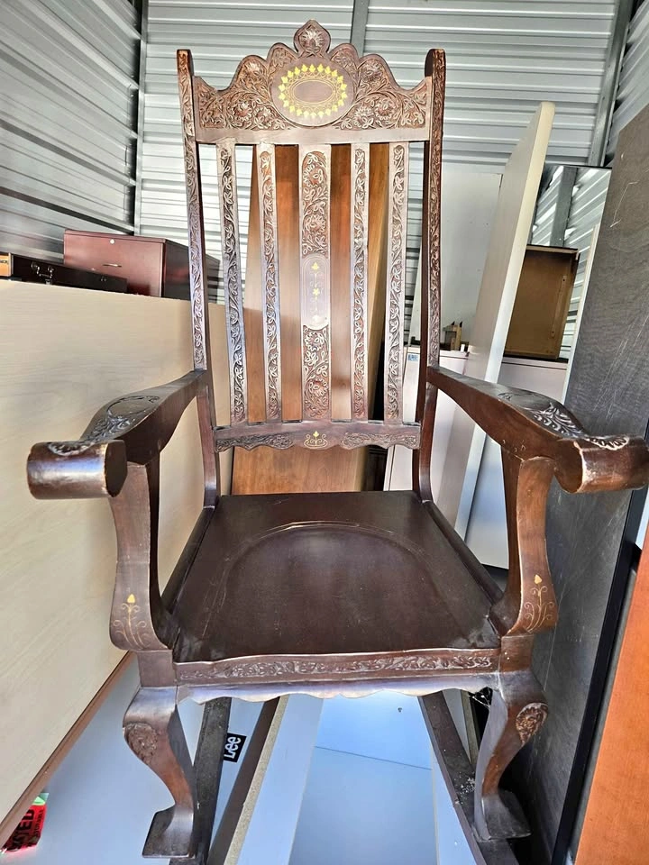 Vintage Carved Wood Rocking Chair with Inlay