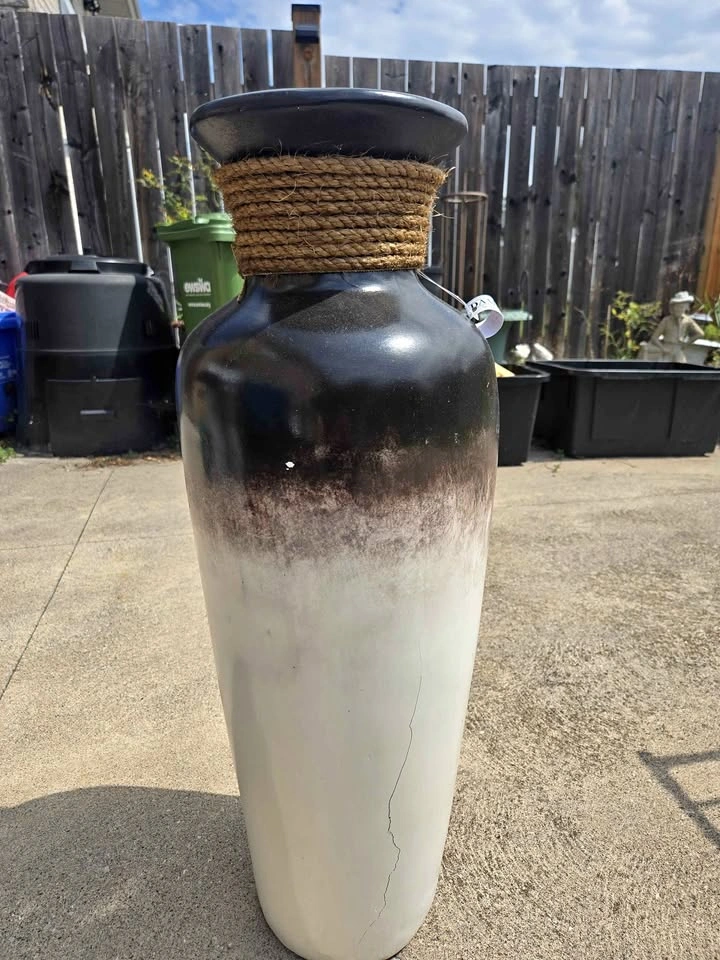 Large Black and White Floor Vase with Rope Detail