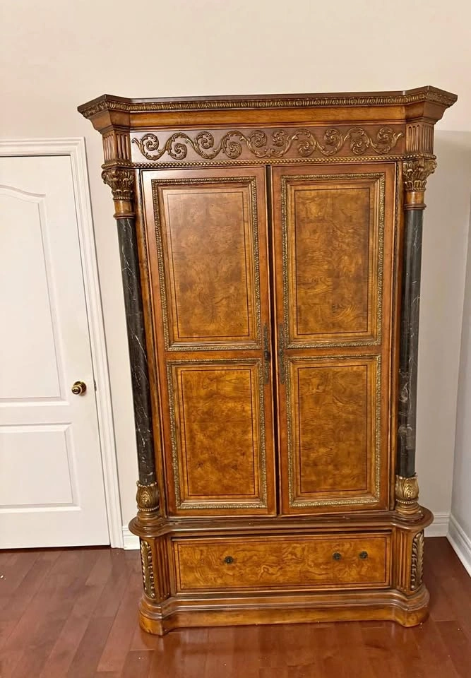 Ornately Carved Burl Wood Entertainment Armoire