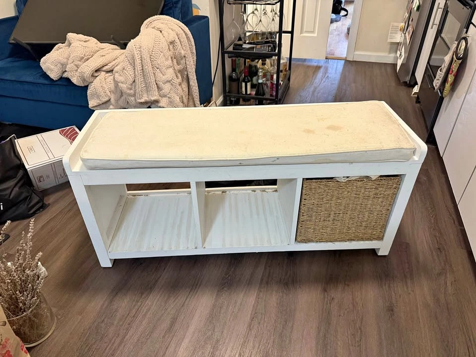 White Storage Bench with Cushion and Wicker Basket