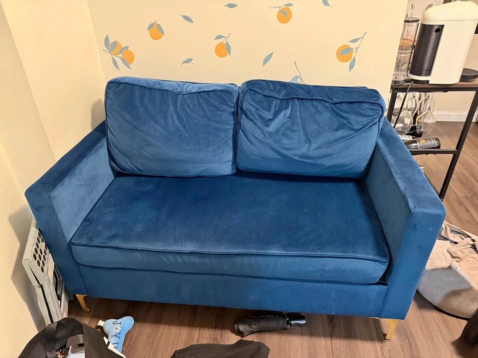 Blue Velvet Loveseat with Gold Legs