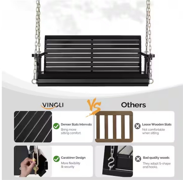 4 ft. Black Wood Patio Porch Swing with Adjustable Chains - photo 3