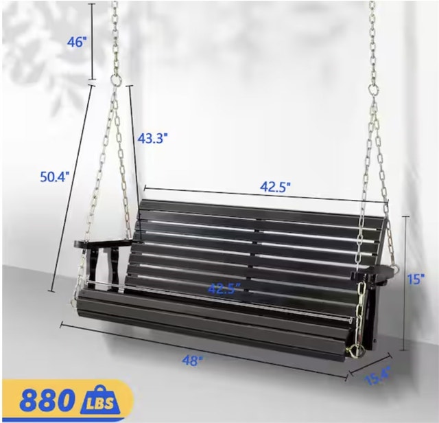 4 ft. Black Wood Patio Porch Swing with Adjustable Chains - photo 4