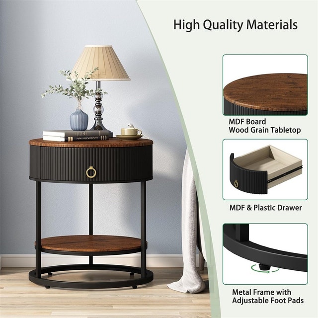 Round End Table with Drawer, Modern Wood Grain Side Table