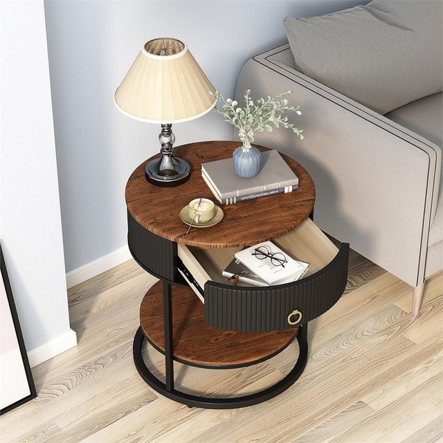 Round End Table with Drawer, Modern Wood Grain Side Table - photo 2