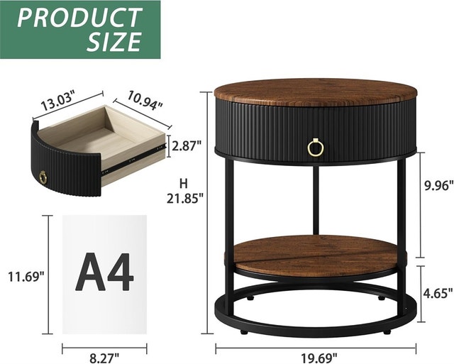 Round End Table with Drawer, Modern Wood Grain Side Table - photo 3