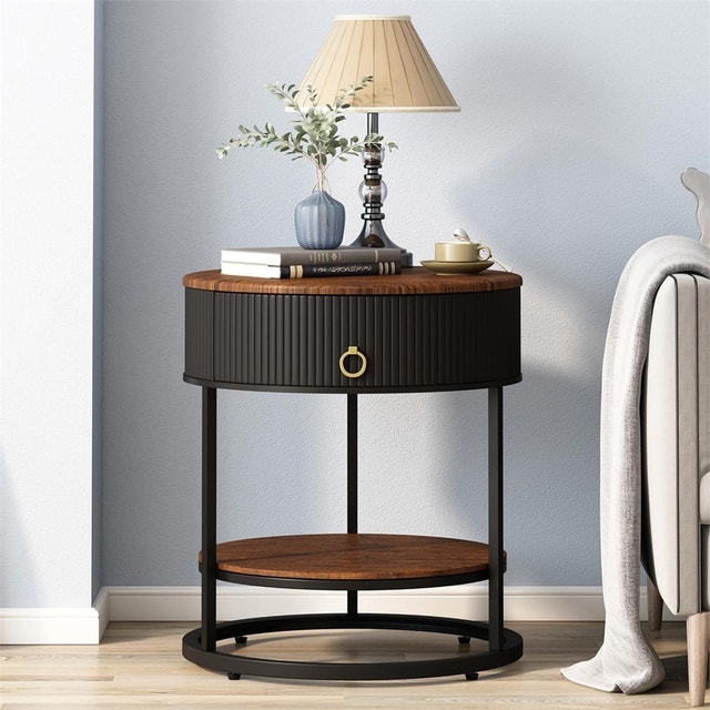 Round End Table with Drawer, Modern Wood Grain Side Table - photo 4