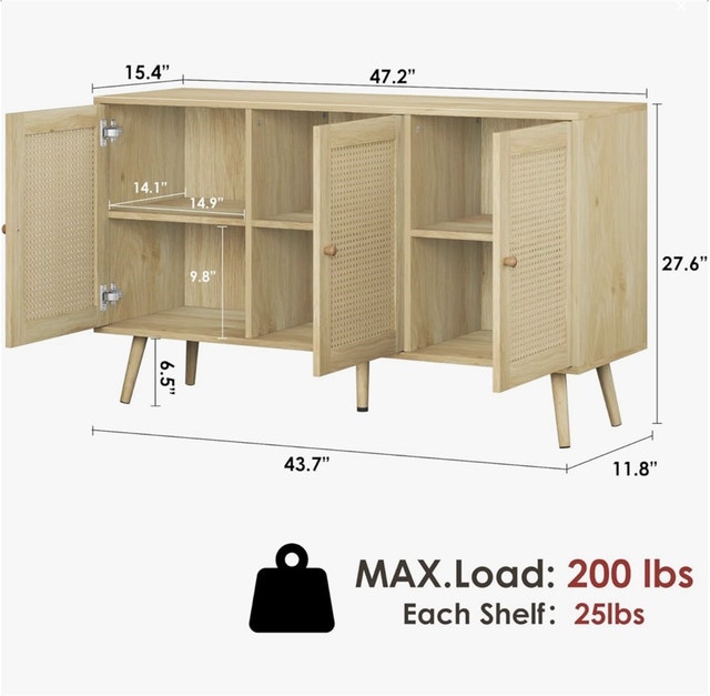 47.2" Rattan Sideboard Buffet Cabinet with 3 Doors - photo 2