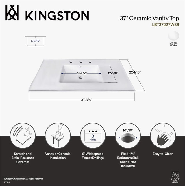 Continental 37.38'' Single Bathroom Vanity Top in White - photo 2