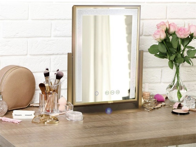 12 in. x 16 in. Tri-Color Frosted Edge LED Mirror Gold w Bluetoo