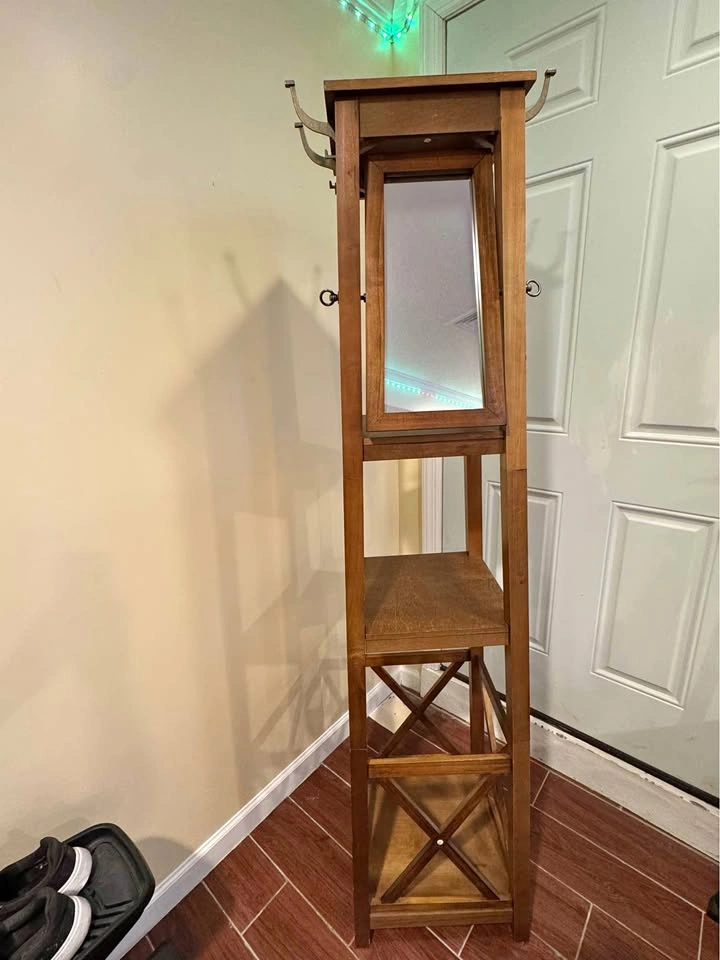 Wooden Entryway Hall Tree / Coat Rack with Tilting Mirror & Shel